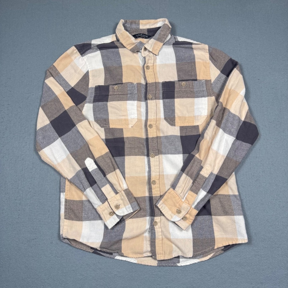 Alpine Design Flannel Shirt Mens Small Tan Brown Plaid Long Sleeve Button Down